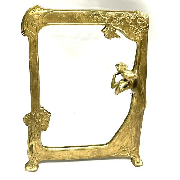 Solid Brass Art Nouveau Vanity Mirror 3D Lady In Gown Dresser Table Decor Vtg - Picture 10 of 12